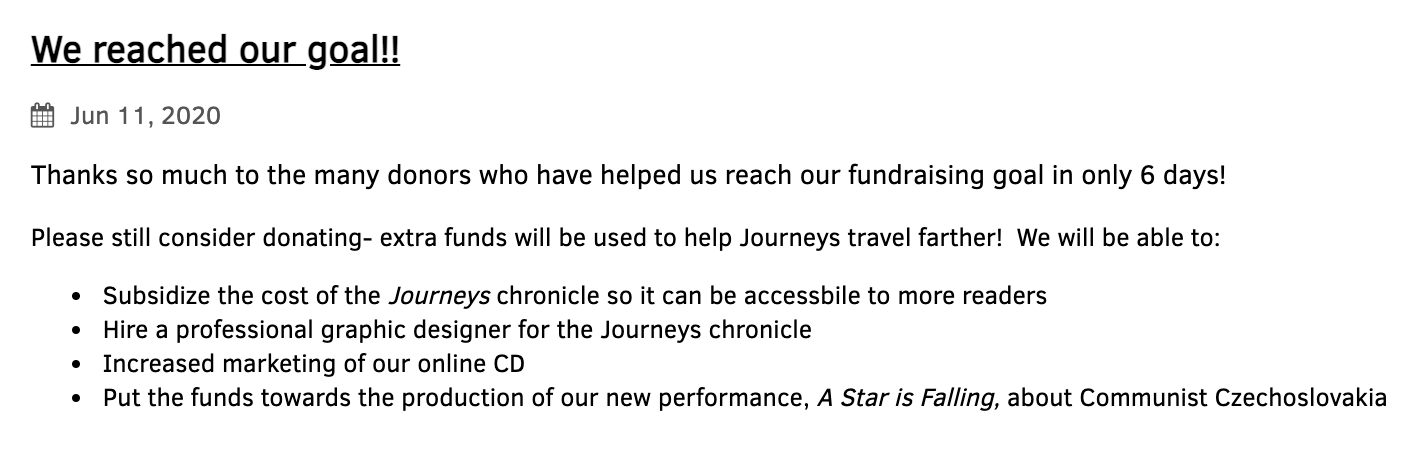 Screenshot of an update from the campaign saying they were fully funded in just 6 days