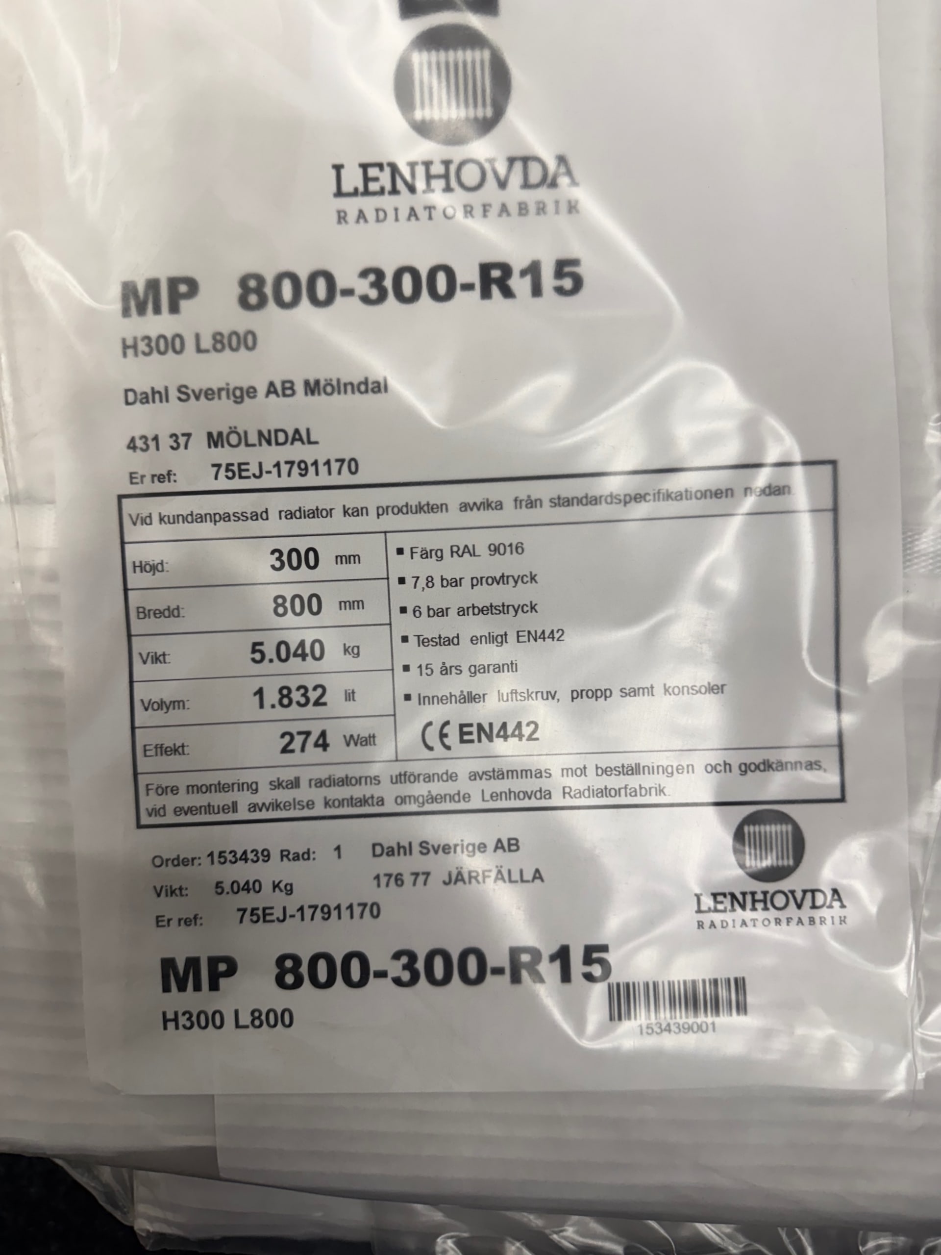 8 st Lennhovda MP radiator 800x300 mm R15 vattenburen 