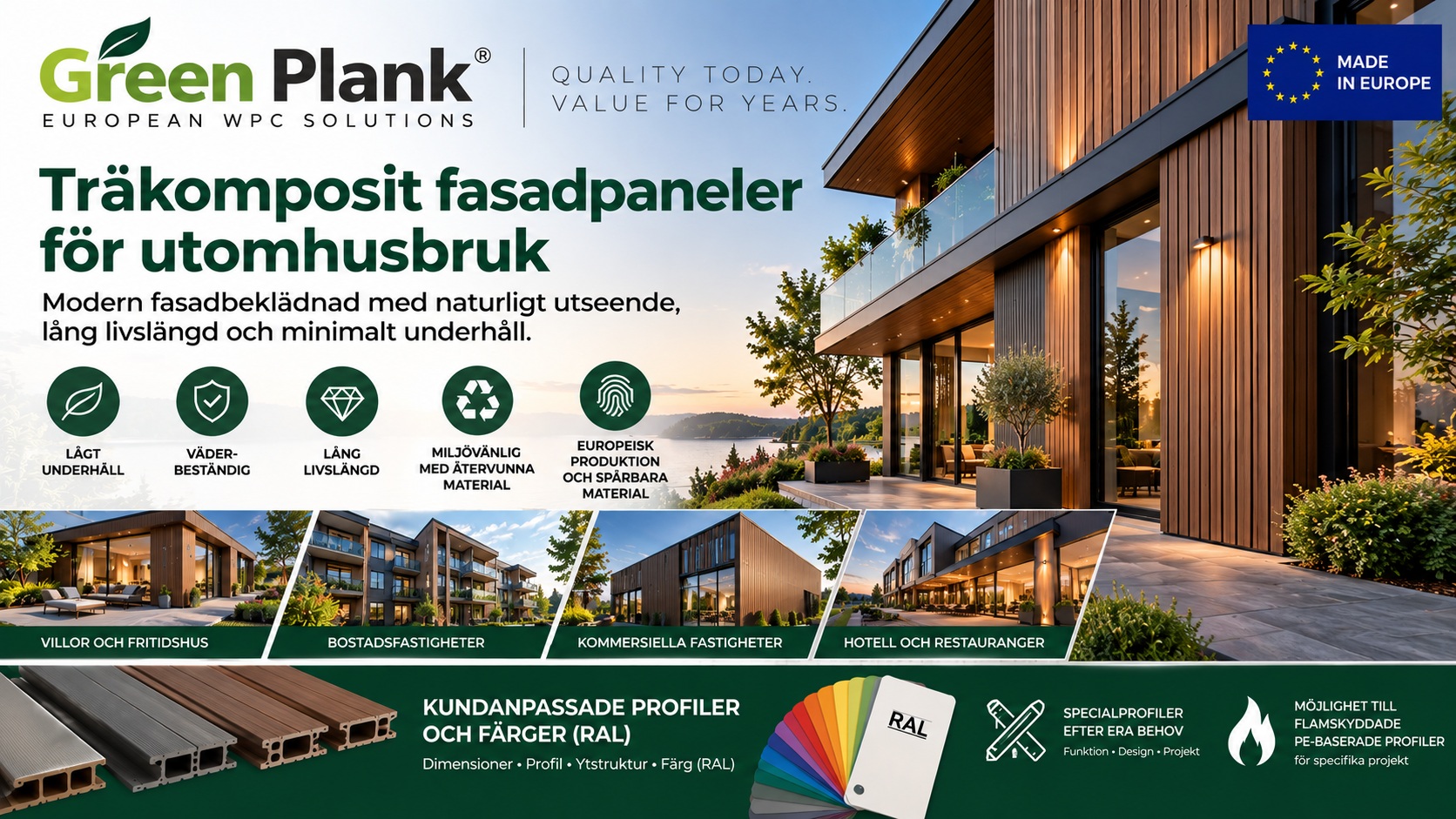 Träkomposit Fasadpaneler för Utomhusbruk | Green Plank