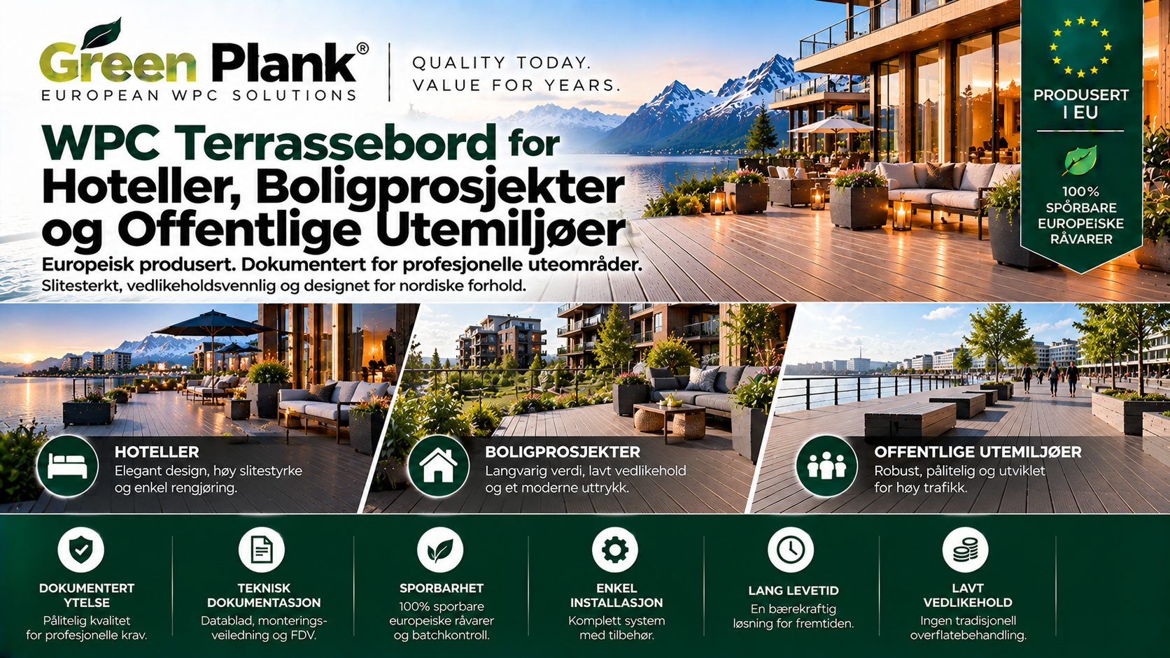 WPC Terrassebord for Hoteller, Boligprosjekter og Offentlige Utemiljøer | Green Plank