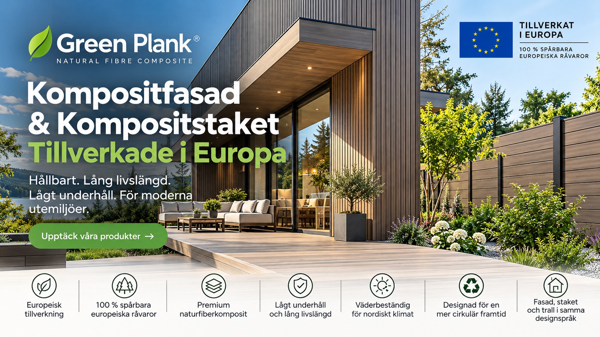 Kompositfasad &amp; kompositstaket tillverkade i Europa | Green Plank