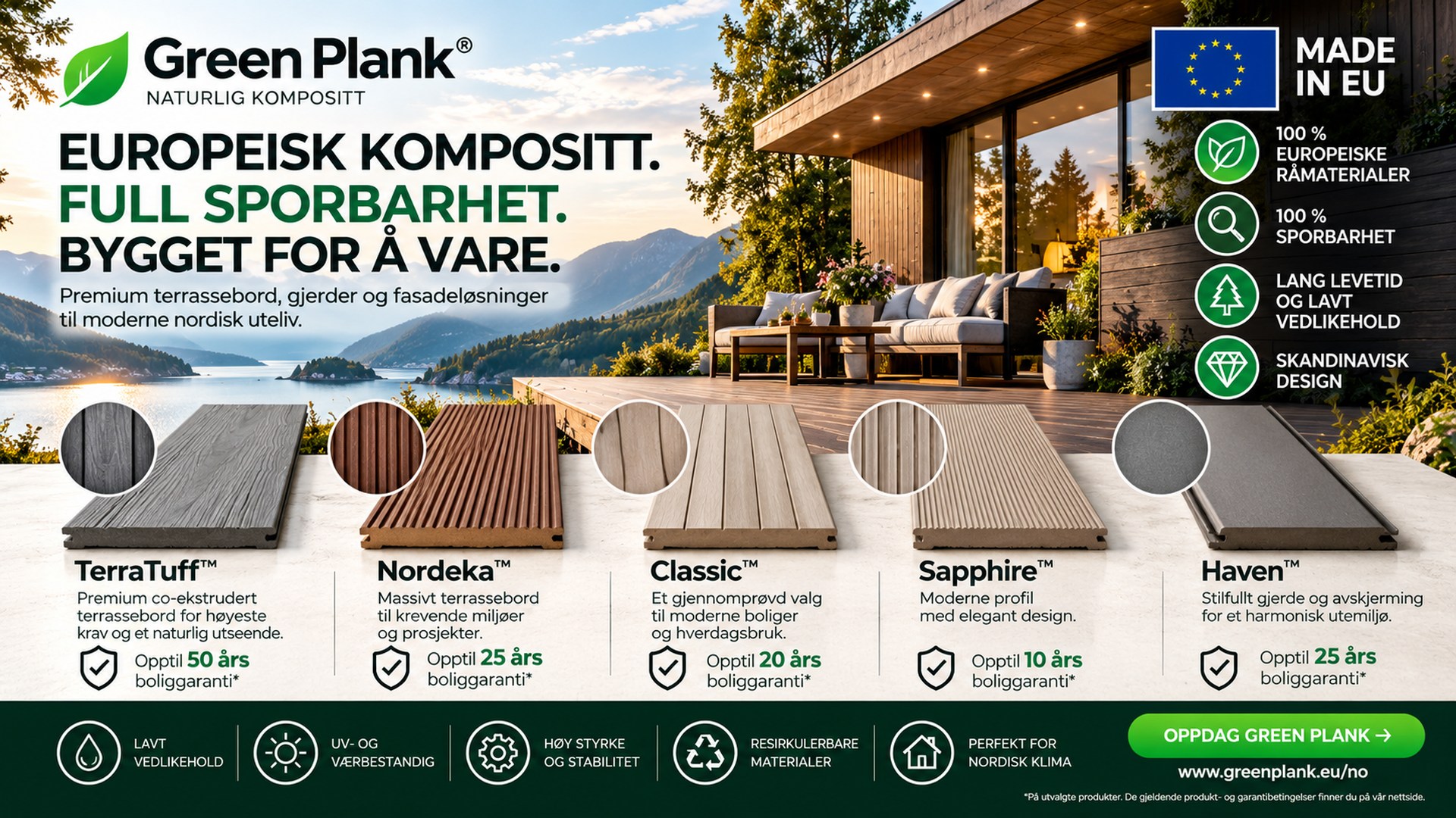 Europeisk kompositt terrasse & gjerde | Made in EU | Green Plank®