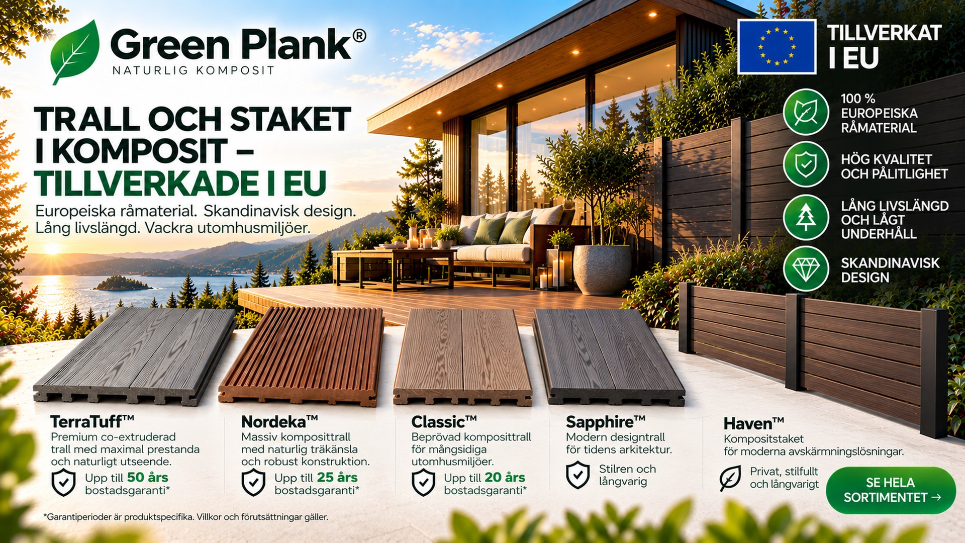 Komposittrall & staket tillverkade i EU | Green Plank