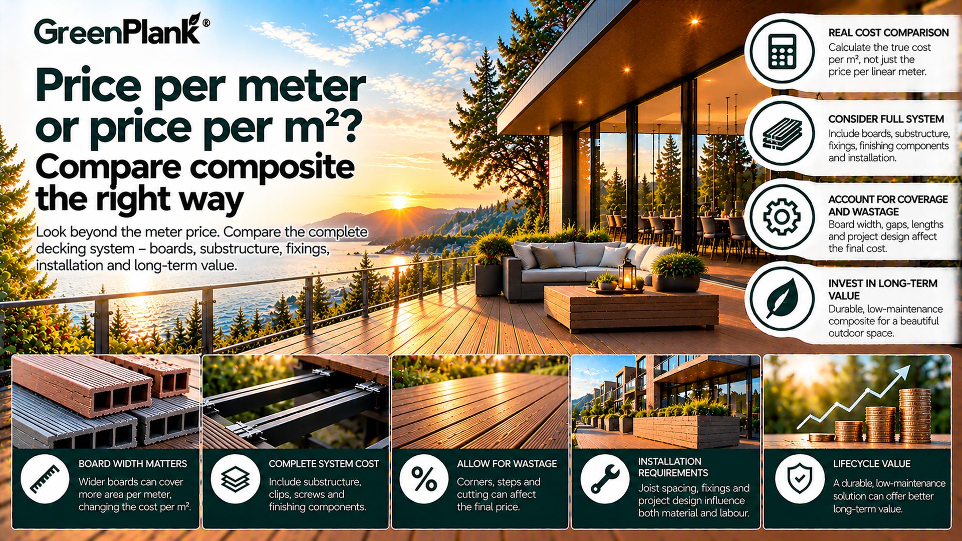 Composite Price per Meter vs per m² | Green PlankPrice per meter does not tell the full story. Learn how to compare composite decking per m² using board coverage, accessories, installation and lifecycle cost.