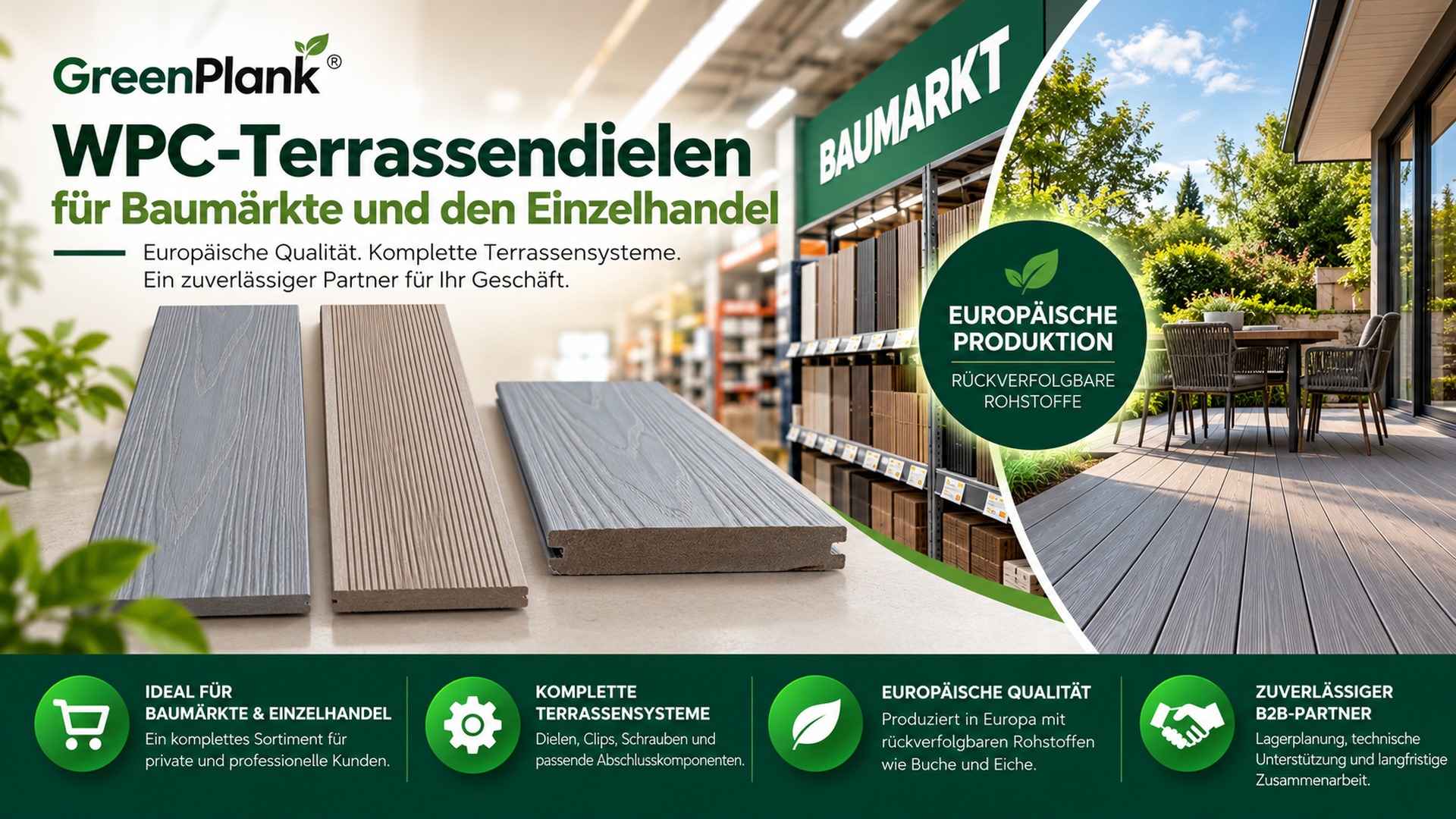 WPC-Terrassendielen für Baumärkte | Green Plank