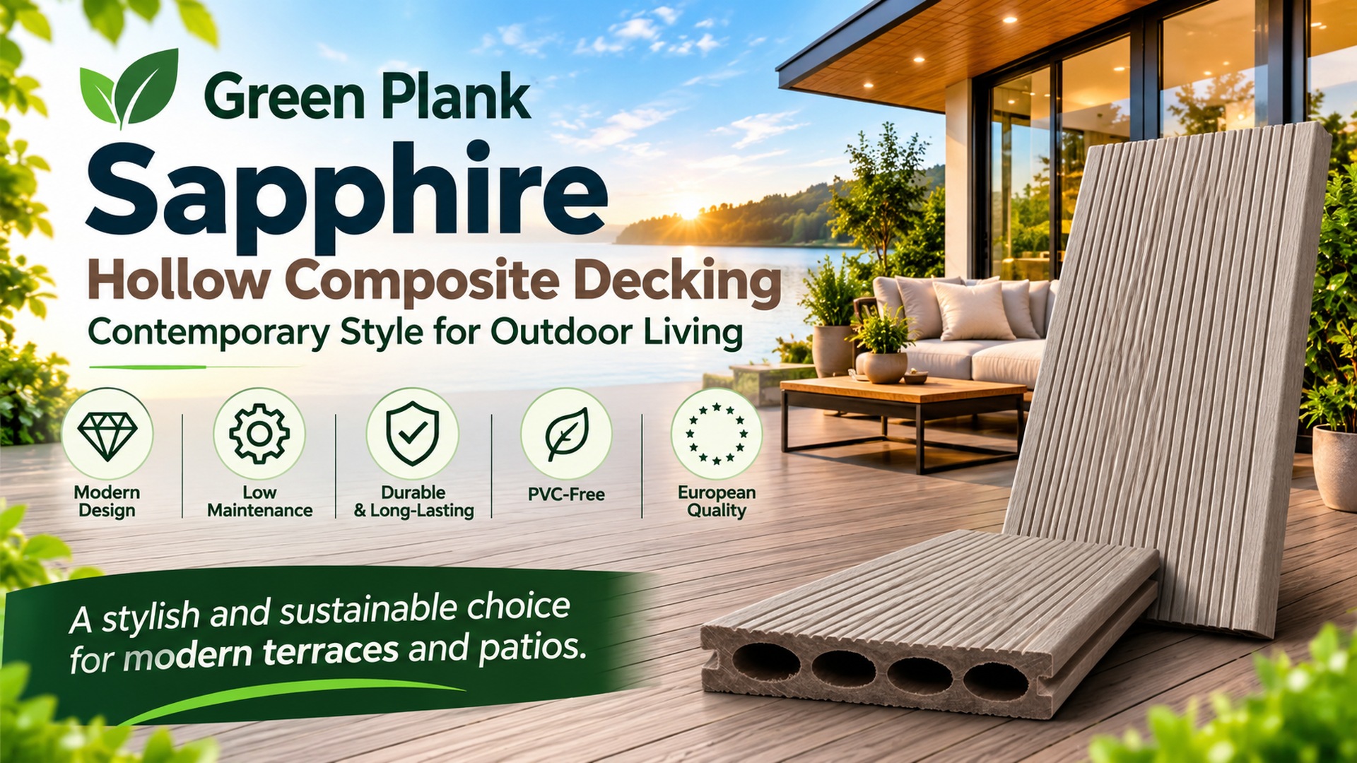 Sapphire Hollow Composite Decking | Green Plank