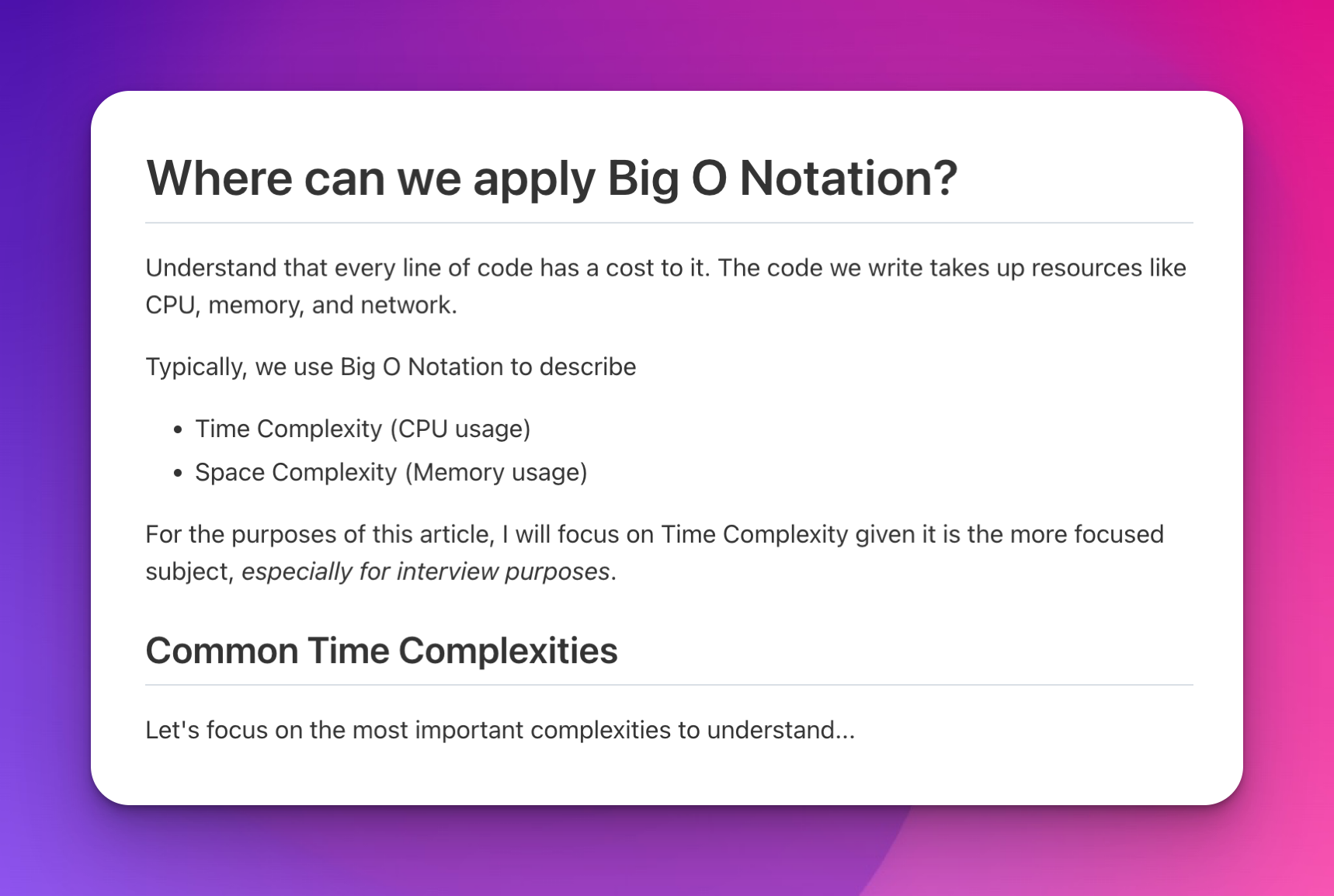 Final Appearance for Markdown for Big O' Notation Article