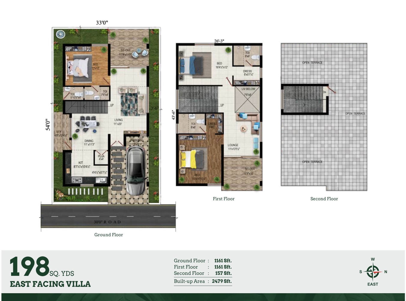 198 sq.yds East facing villa floor plan