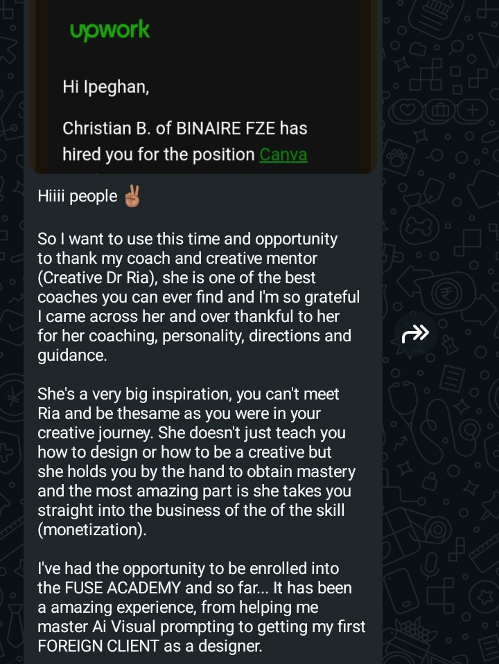 Fuse Atelier student testimonial showing an Upwork client win