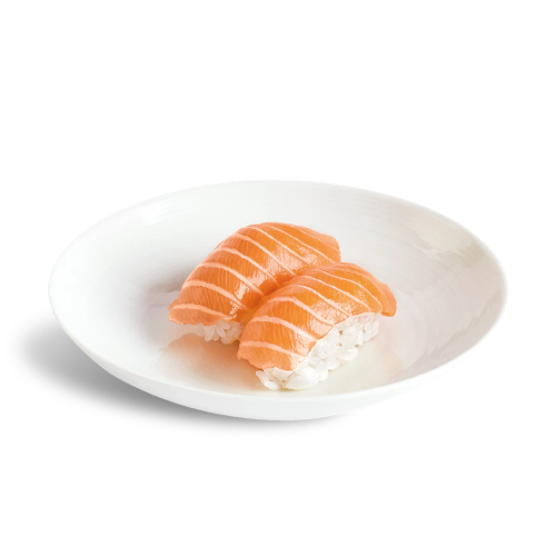 salmon nigiri in white bowl