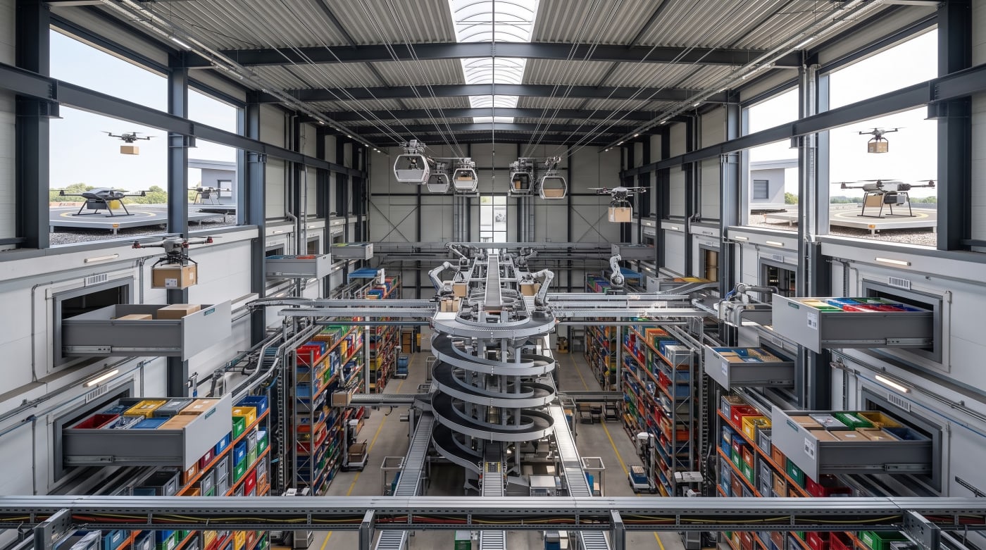 Inside a neighborhood dispatch center: shelves, spiral conveyor, cable pods and delivery drones