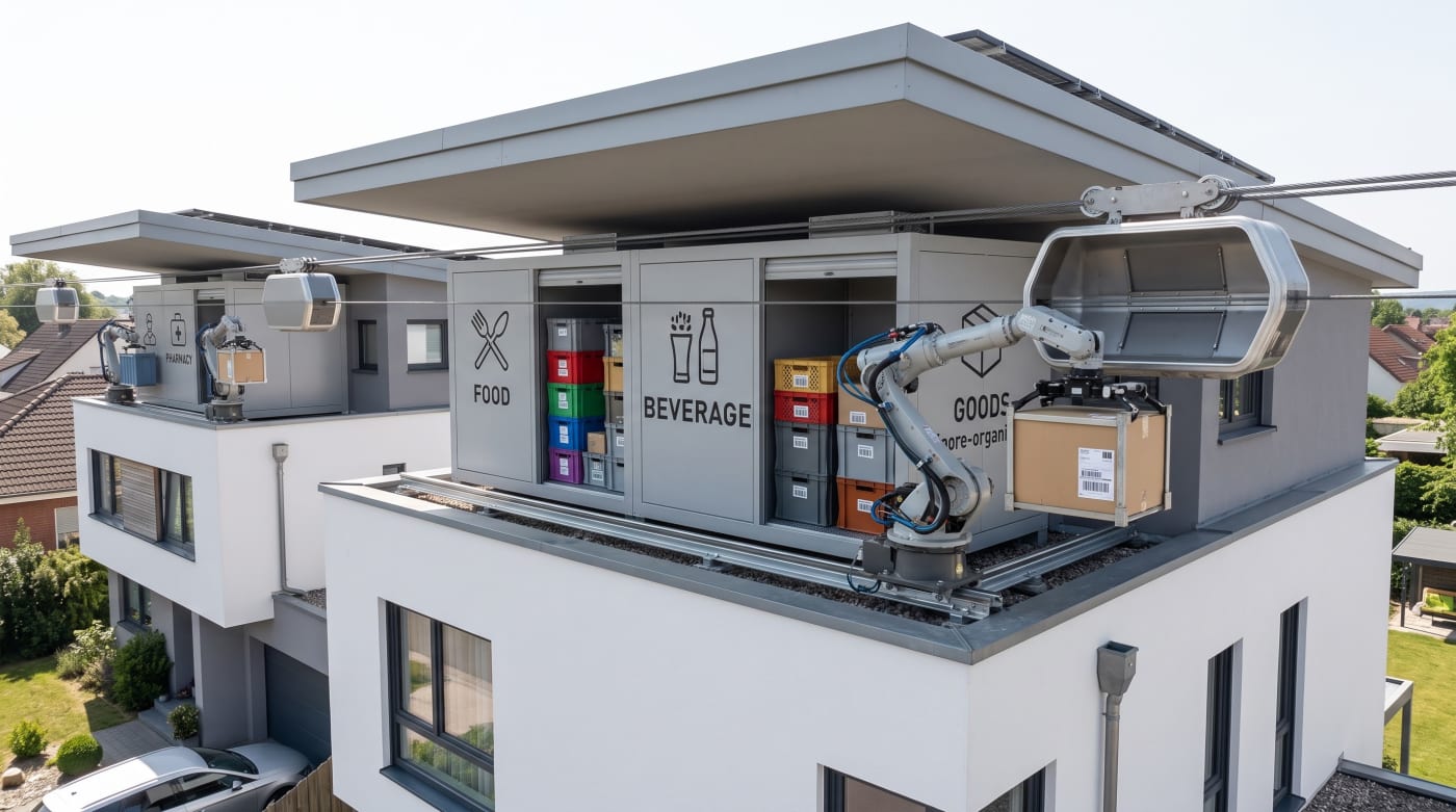 A rooftop station: a robot arm loads a parcel into a cable pod