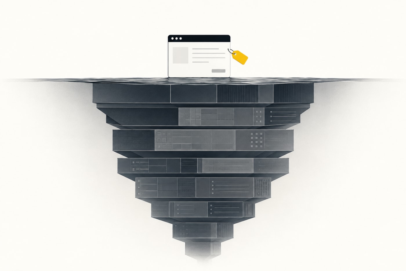 A small priced browser window above the waterline, dwarfed by the submerged mass of hosting, security and compliance costs beneath it