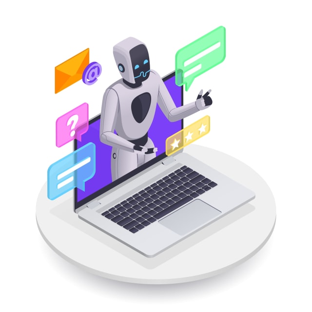 Isometric illustration of a technical support agent at a modern desk with a computer interface, representing AI automation companies in Budapest.