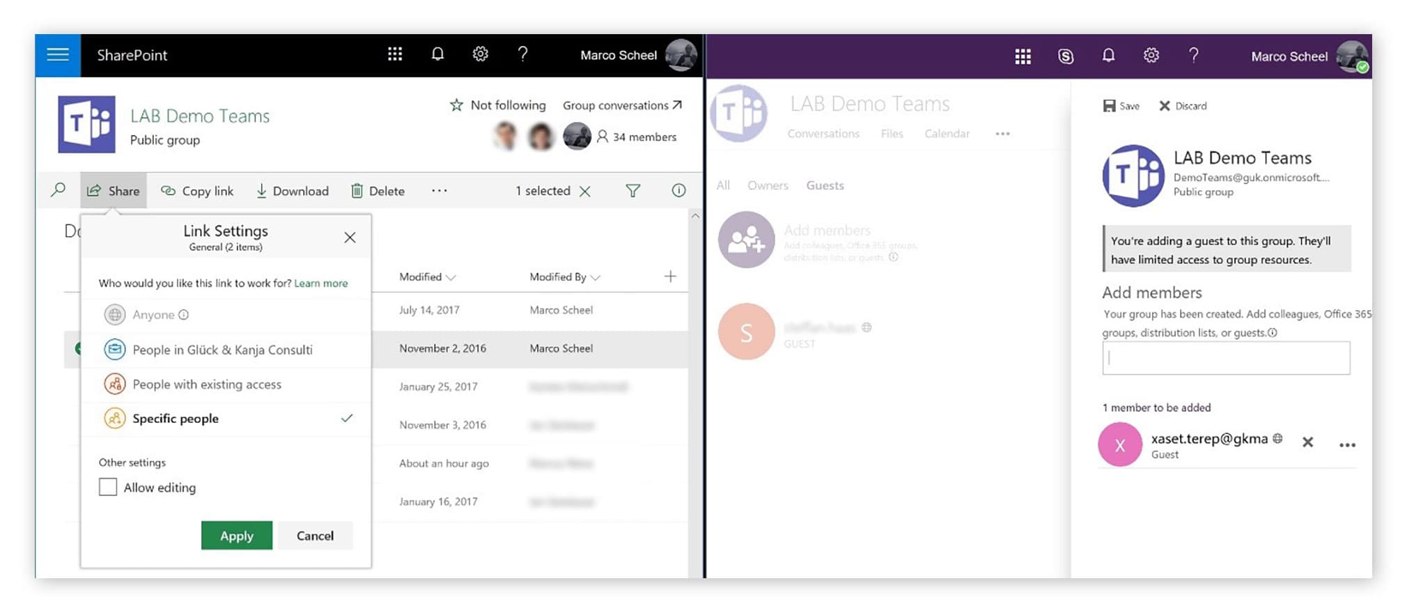 Links: Teilen einer Datei auf SharePoint, Rechts: Einladen eines Gates in eine Office 365 Group
