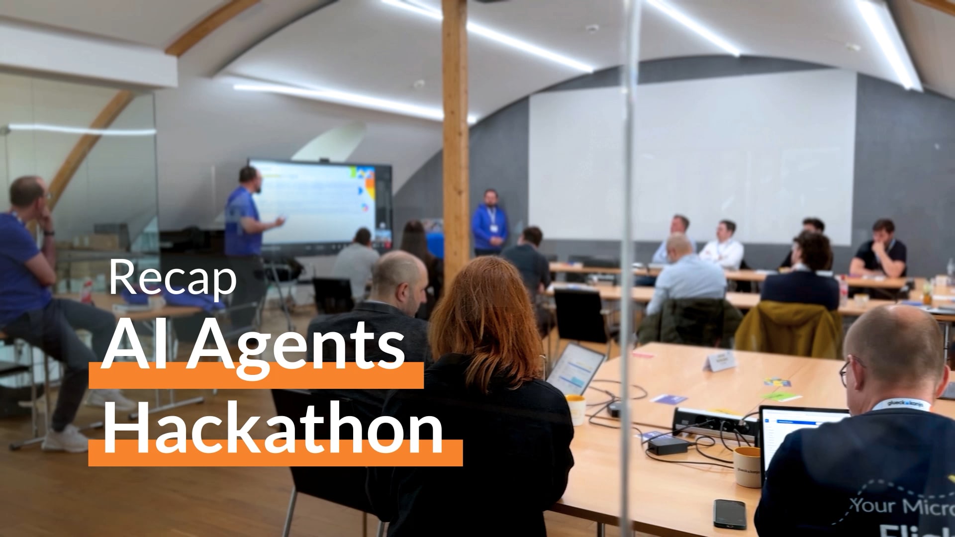Presentation of the glueckkanja AI Agent Hackathon at Microsoft Office Frankfurt: six teams presenting their Copilot Studio agents to an audience.