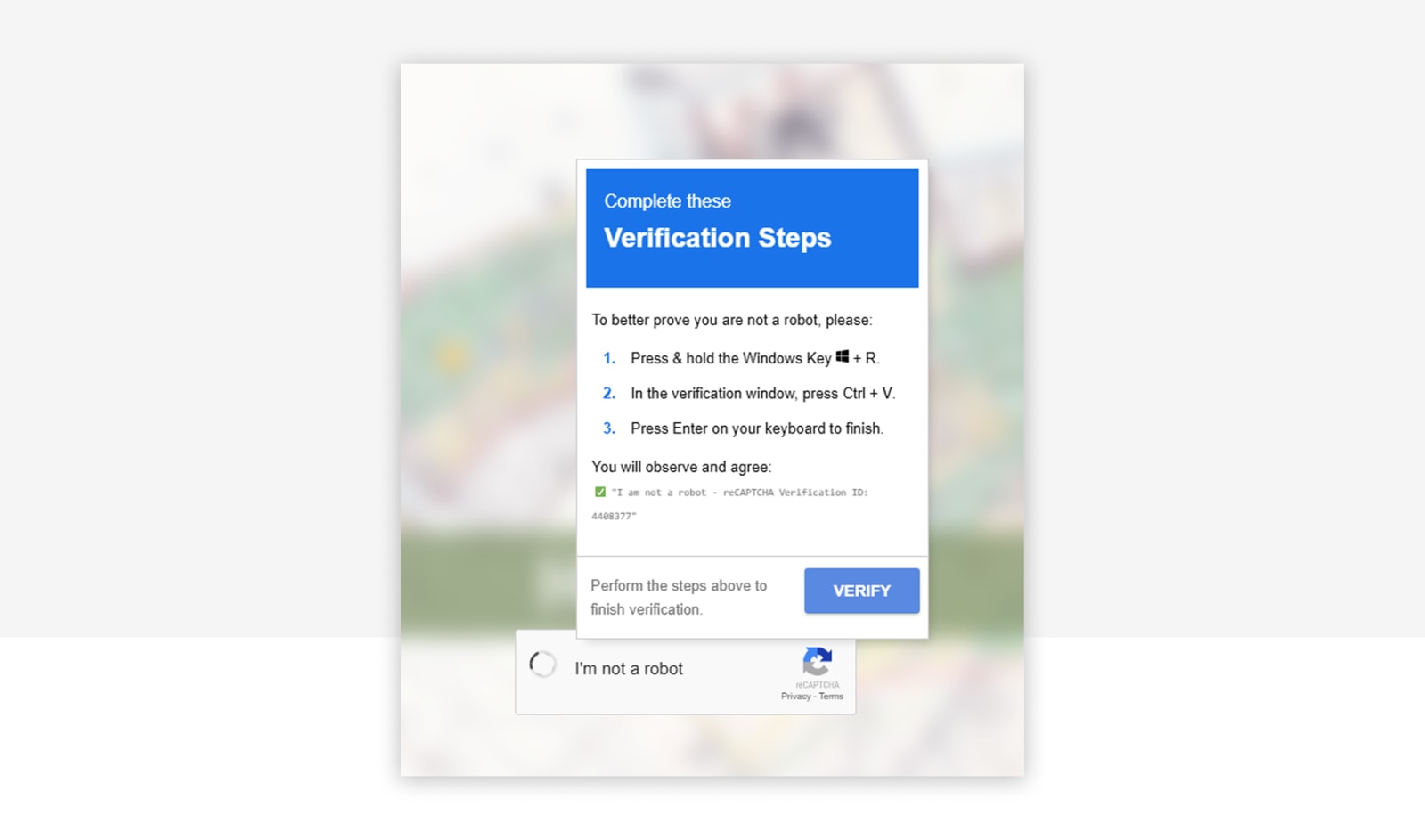Screenshot eines gefälschten CAPTCHA-Köders, der den Nutzer auffordert, Win und X zu drücken, dann einzufügen und mit Enter einen Befehl auszuführen.