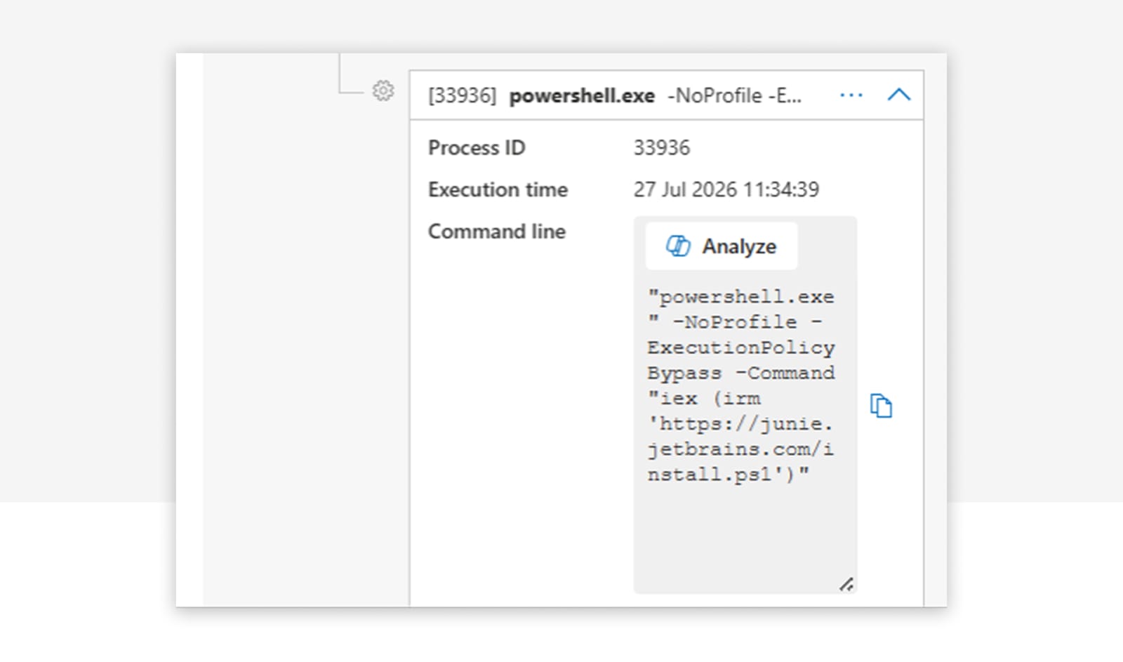 Microsoft-Defender-Inspect-record mit der Prozesskette WindowsTerminal.exe zu pwsh.exe zu powershell.exe, die einen iex(irm …)-Befehl ausführt.