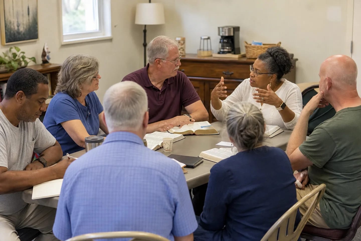 Adults gathered around a table for Bible study and conversation