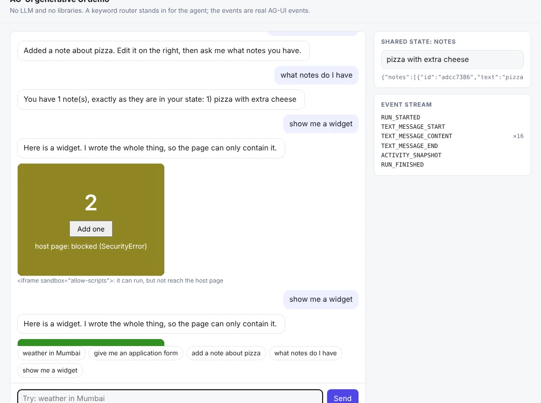A widget the agent wrote, running inside a sandboxed iframe