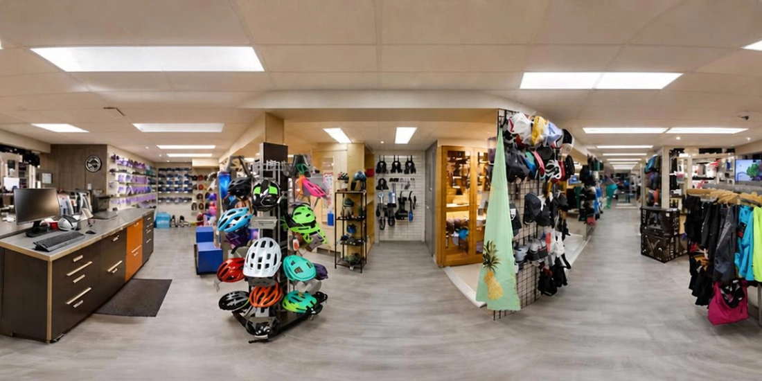 Casques de vélo, vêtements et accessoires à l’intérieur de la boutique Mathieu Performance à Québec.