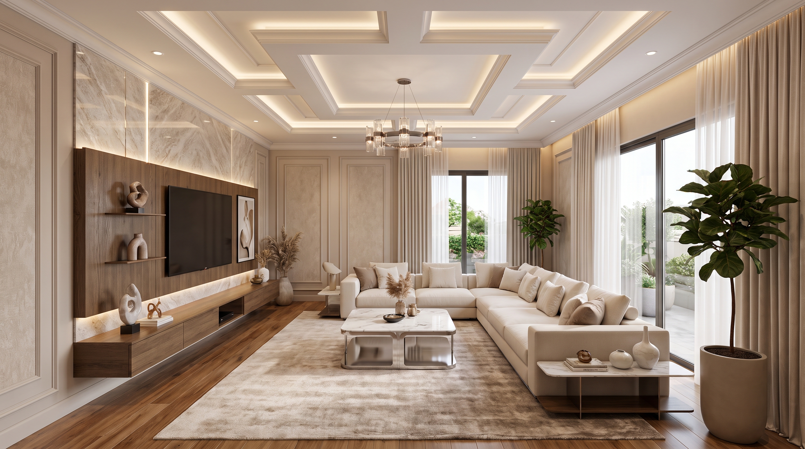 Luxury living room interior with warm wood finishes