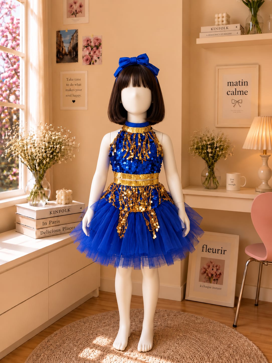 Royal Blue Golden Sequin Girls Costume Dress