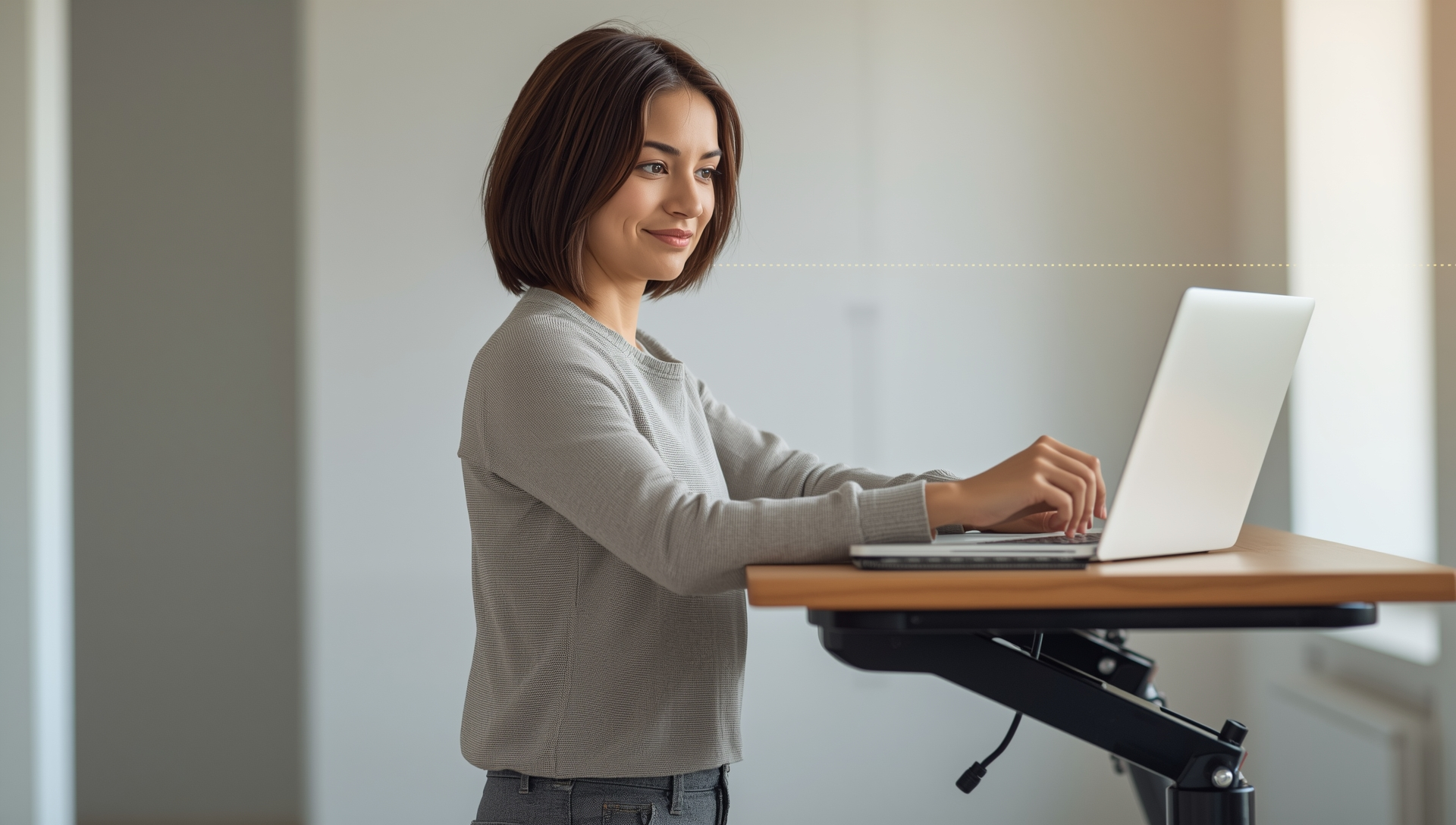 converter standing desk A person of average height adjusting an ergonomic standing desk to their correct elbow height for a comfortable working position.
