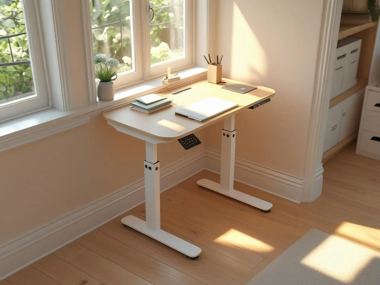 Small home office setup with compact adjustable desk in cozy corner workspace