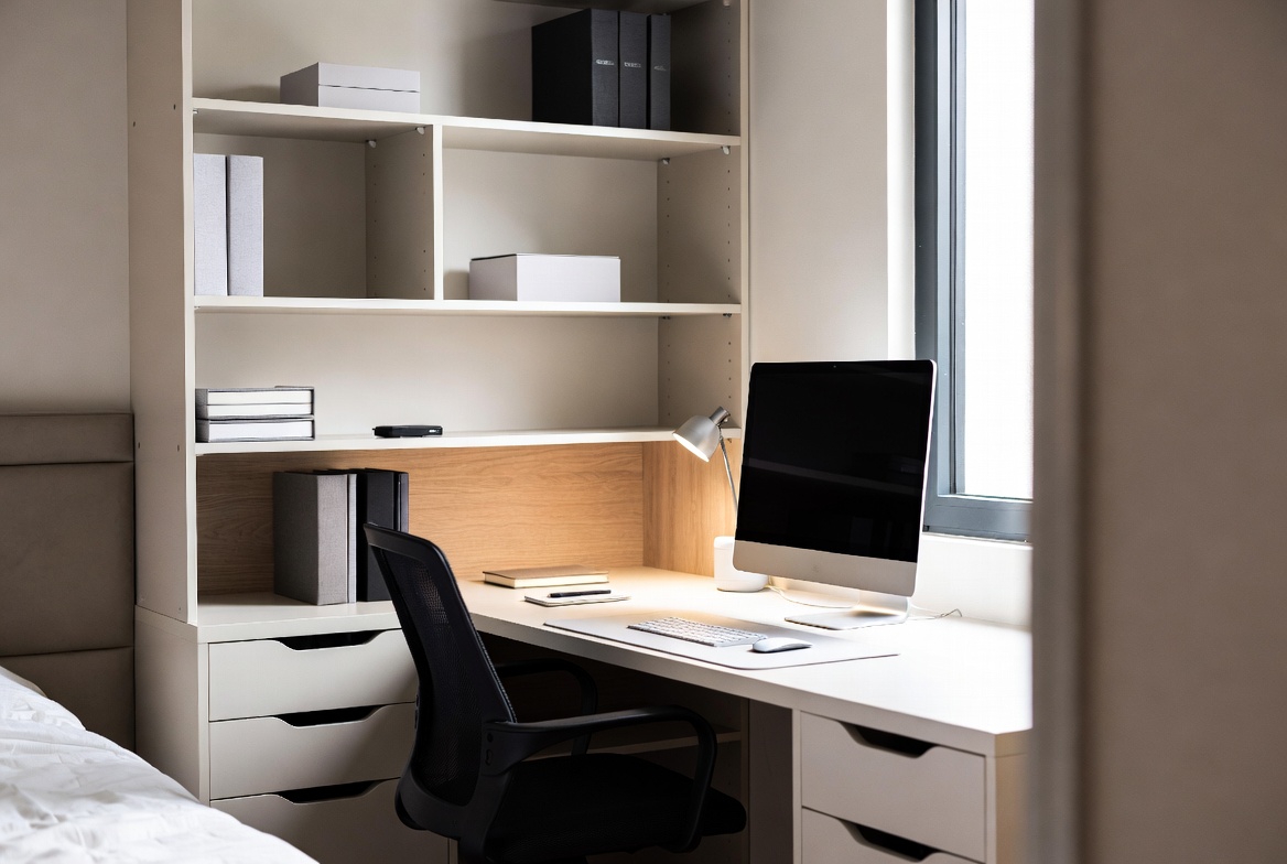 Calm and efficient home workspace in a small apartment corner