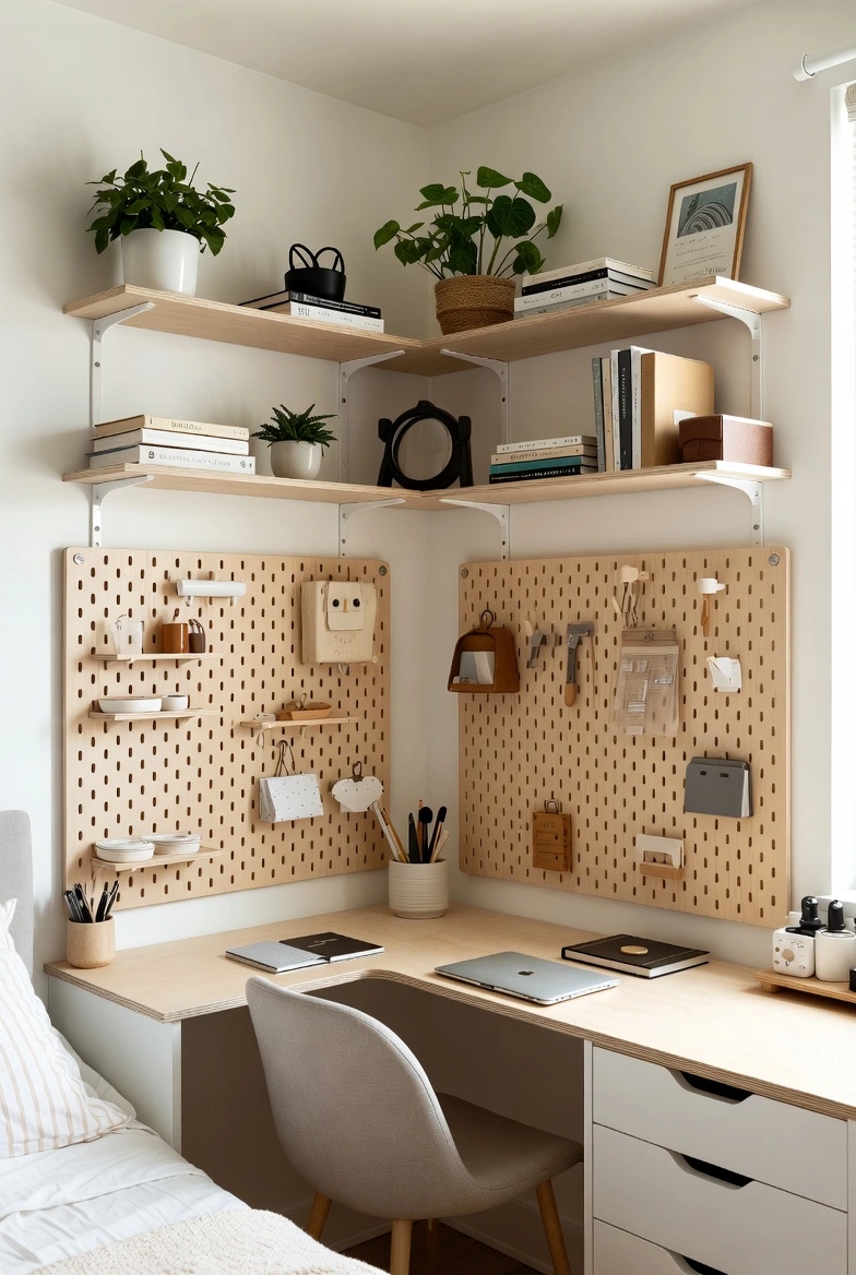 Triangular desk fitting into a non-standard angled bedroom corner