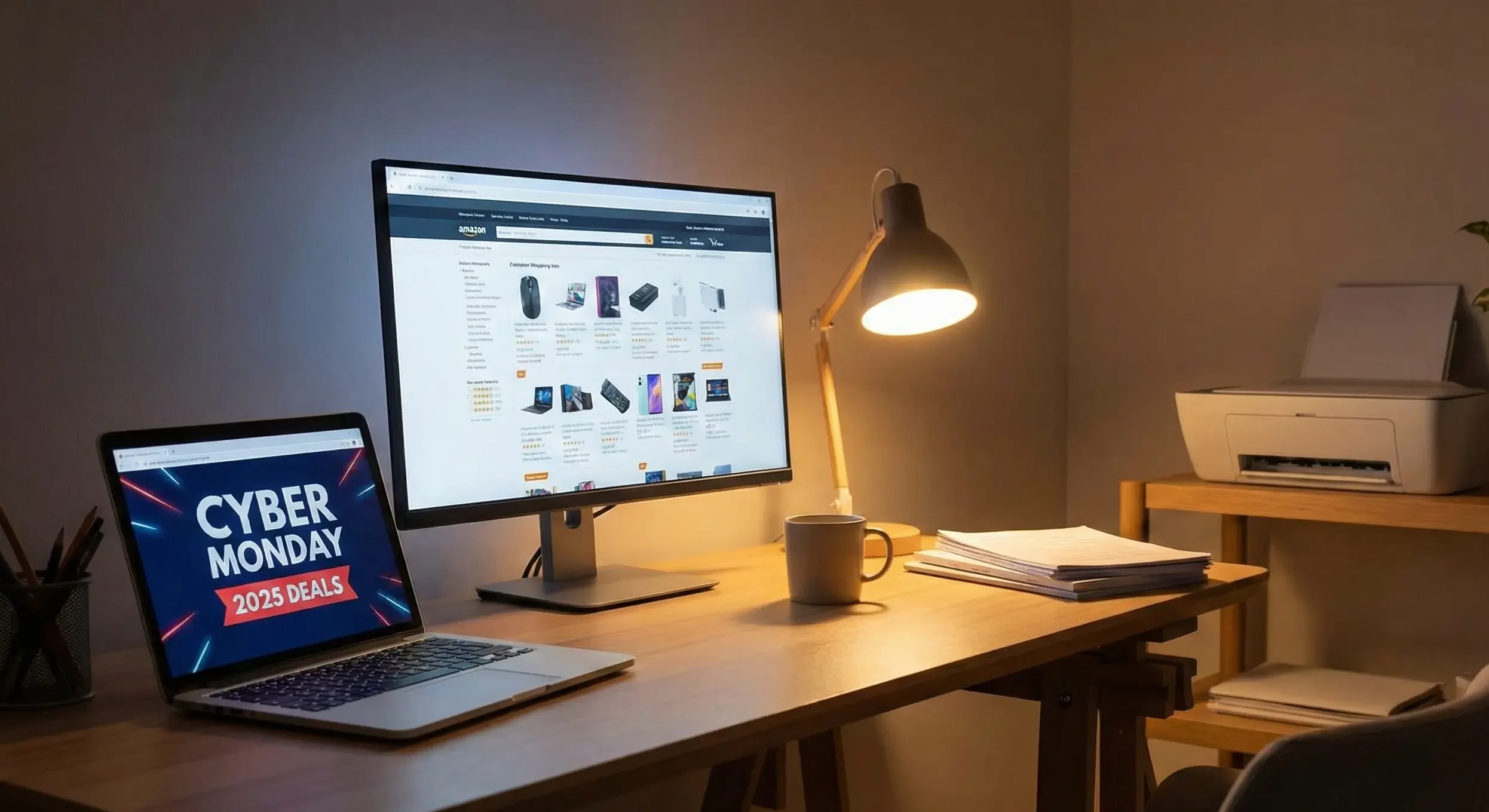 Modern cyber monday home office deal with laptop, monitor, and printer