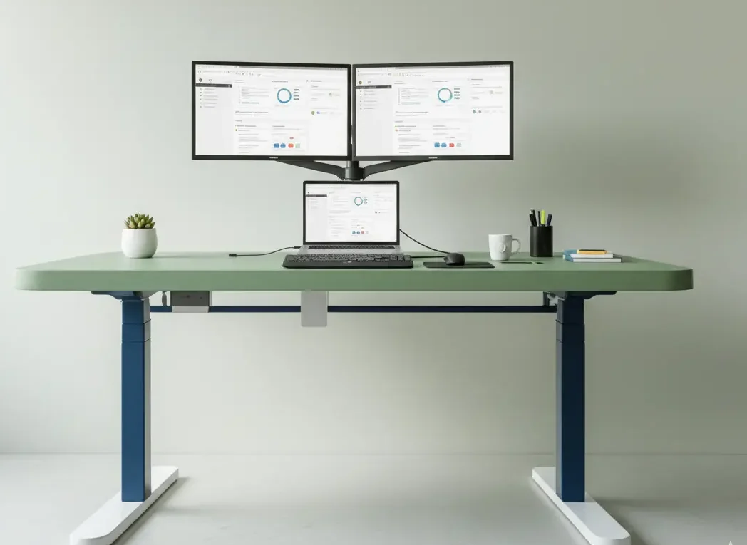 Organized adjustable desk Organized Standing Desks for Dual Monitorsshowing proper weight distribution with monitors, laptop, and office supplies