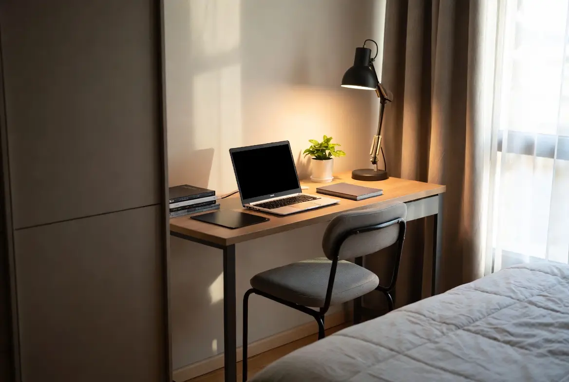 Compact home workspace in a small apartment corner designed for productivity