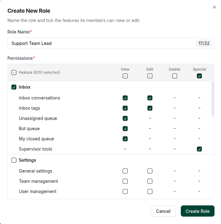 The Create New Role window with the Support Team Lead role named and the Inbox permissions ticked