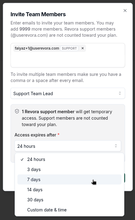 The Invite Team Members window with a Revora support email entered and the Access expires after options open