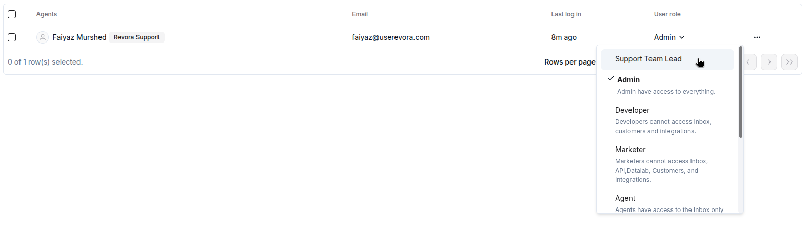 The User role dropdown open in a member's row, with the custom Support Team Lead role at the top