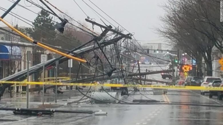 Telephone poles litter the ground Friday, March 2, 2018, in Watertown, Massachusetts. | ClimeNews Telephone poles litter the ground Friday, March 2, 2018, in Watertown, Massachusetts. | ClimeNews