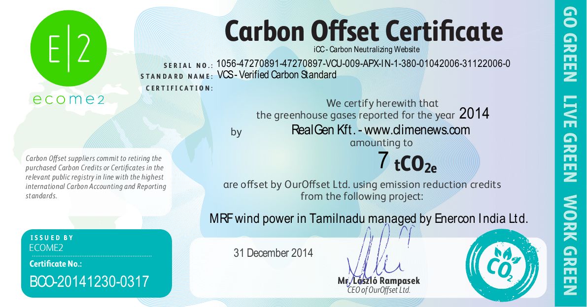 Carbon Offset Certificates - ClimeNews - Hírportál | 2014