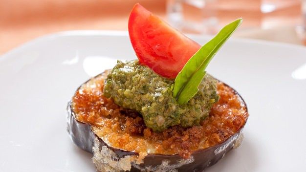 Grilled Eggplant Cutlet Bruschetti with Walnut Pesto