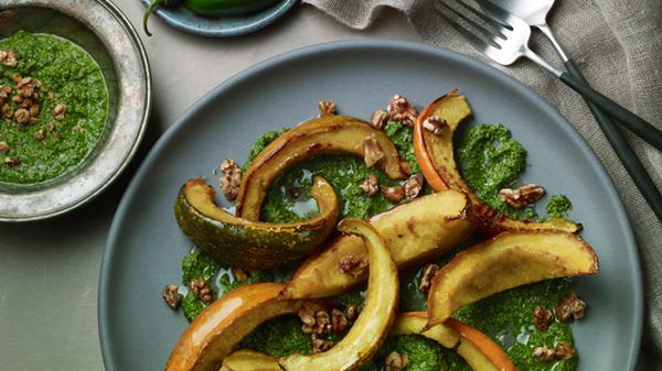 Spice-Roasted Squash with Walnut-Green Harissa