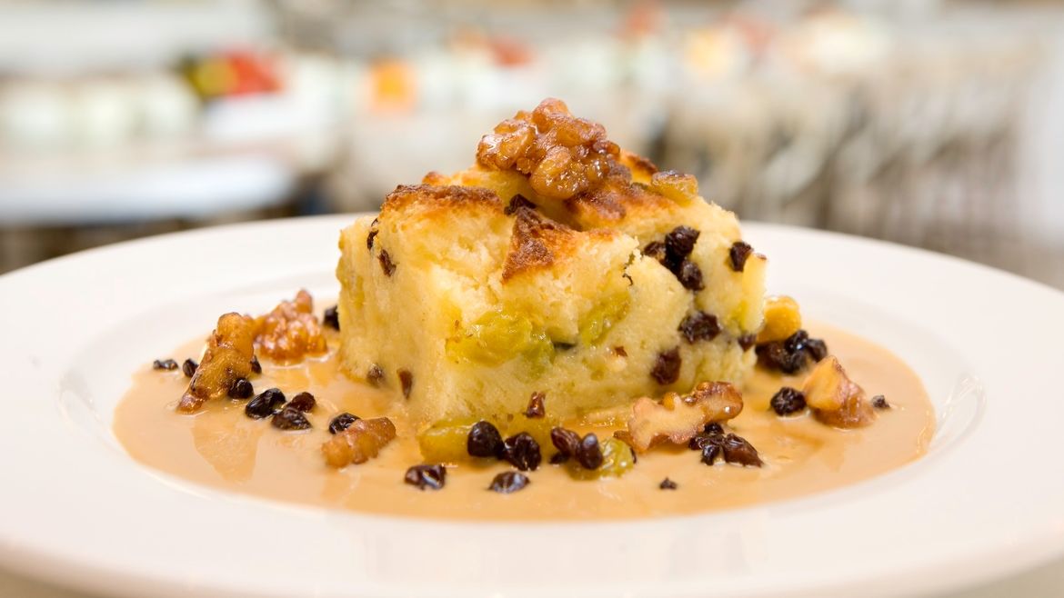 Chef Humphries' Walnut Bread Pudding with Anglaise Sauce