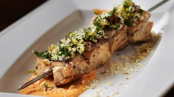 Grilled Chicken Kabobs with Roasted Red Pepper, Walnut Puree and Walnut Gremolata
