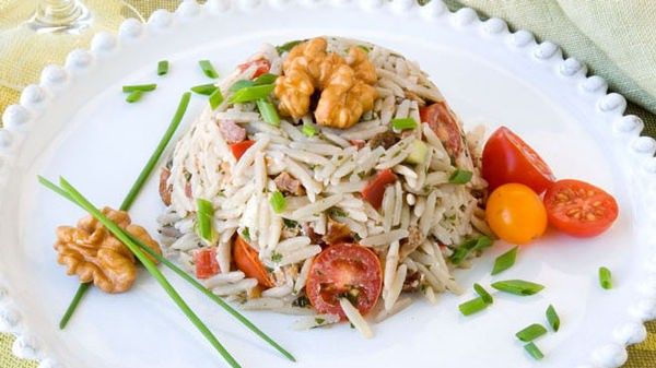 Warm Orzo and Walnut Salad with Garden Vegetables, Chevre and Herbs