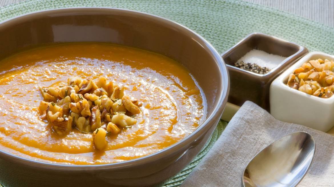 Roasted Root Vegetable Soup with Rosemary Walnuts
