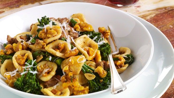 Spicy Orecchiette with Fennel Sausage, Roasted Walnuts, Garlic and Broccolini