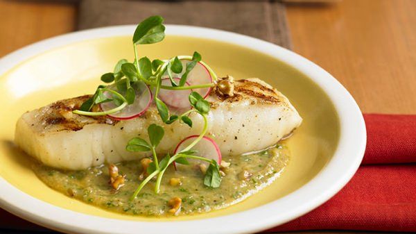 Sea bass with Walnut Puree & Pea Sprout Salad