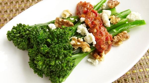 Broccolini with Walnut and Red Pepper Relish and Feta