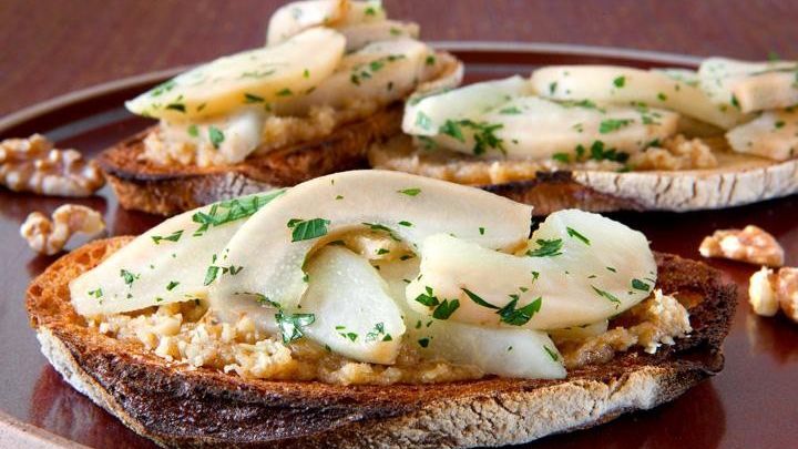 Walnut Butter Roasted Pear Crostini