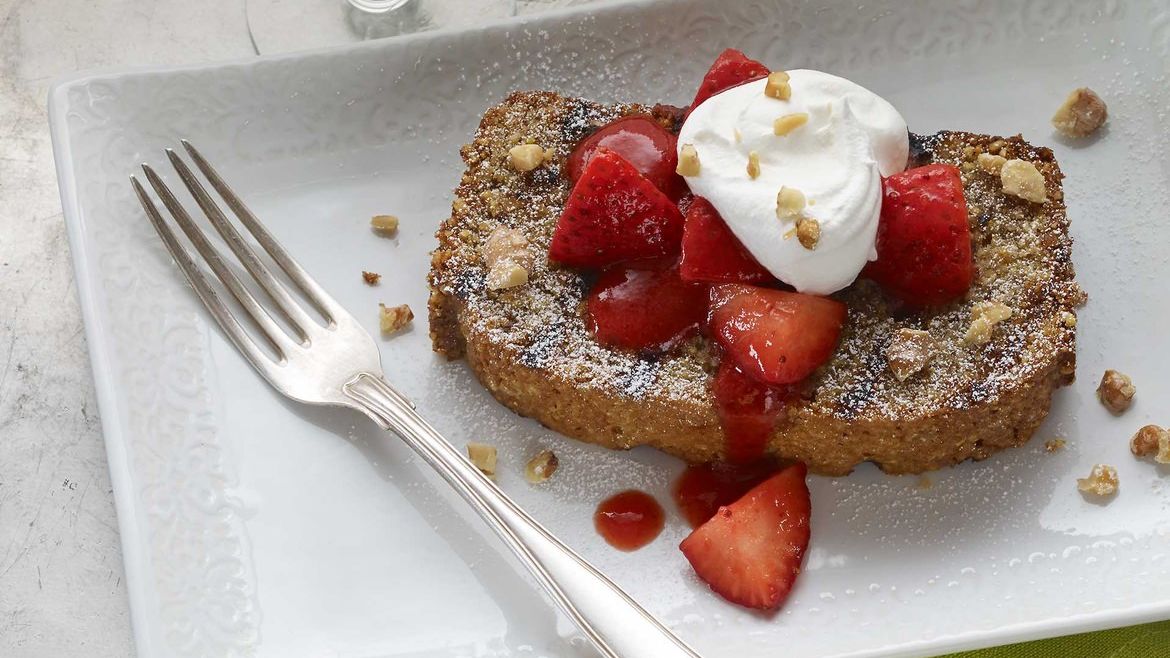 Grilled Polenta Walnut Pound Cake with Strawberries and Cream